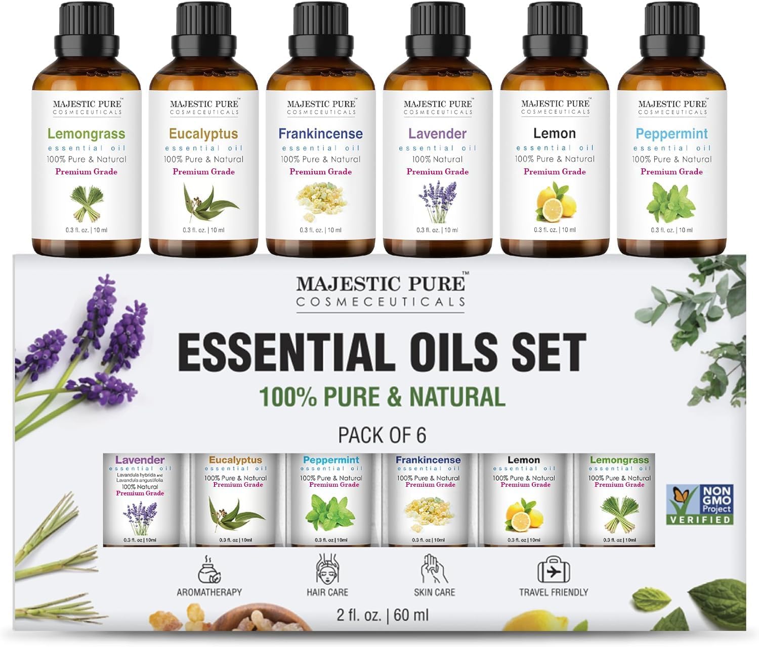 Majestic Pure Essential Oils Set – 100% Pure Aromatherapy Oils (Peppermint, Lavender, Eucalyptus, Tea Tree, Lemongrass) 6×10ml for Diffusers & DIY Care