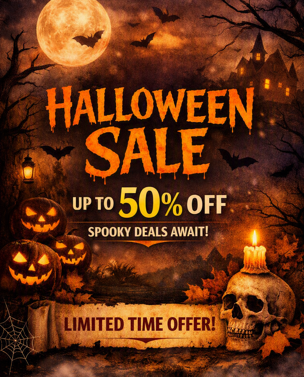 Halloween sale promotional graphic with large orange text reading 'HALLOWEEN SALE', 'UP TO 50% OFF', and 'LIMITED TIME OFFER!' over a spooky haunted-house scene with a full moon, bats, jack-o'-lanterns, a skull candle.