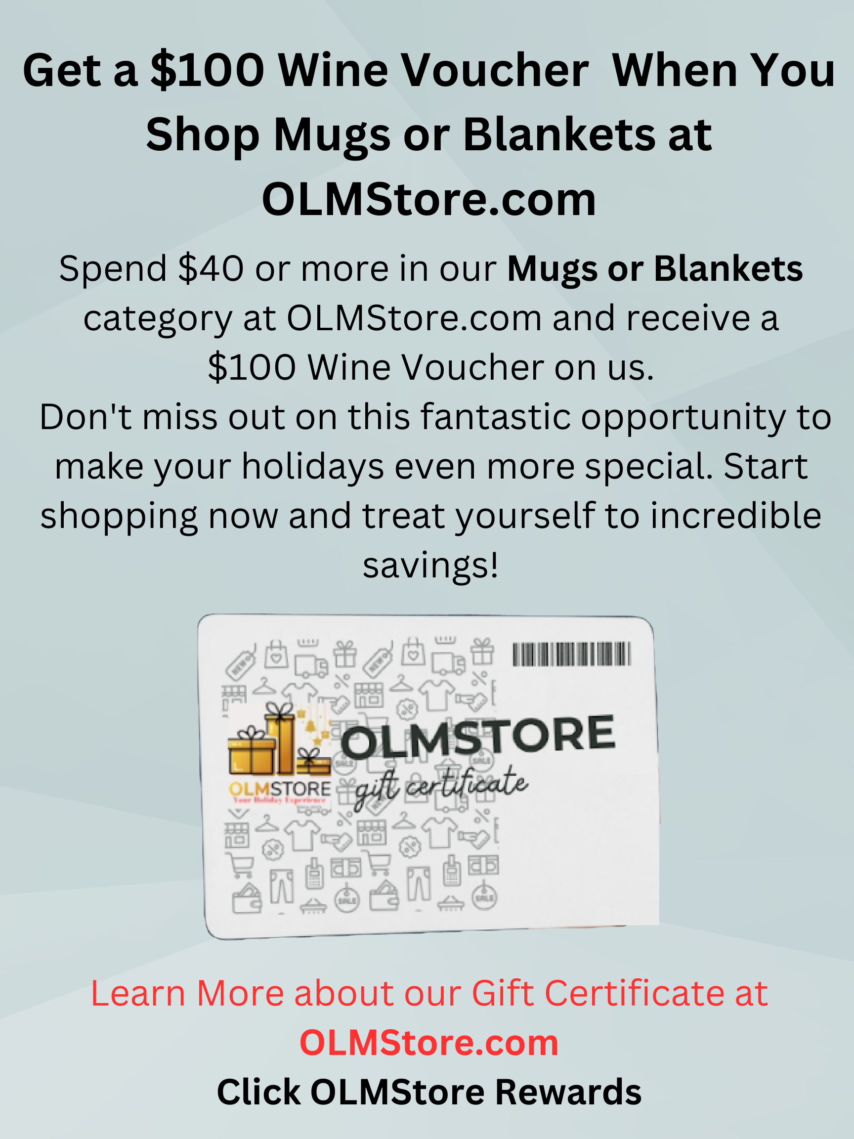 Enjoy a $100 wine voucher with $40 purchase from our Mugs or Blanket collection! This offer is not sold out
