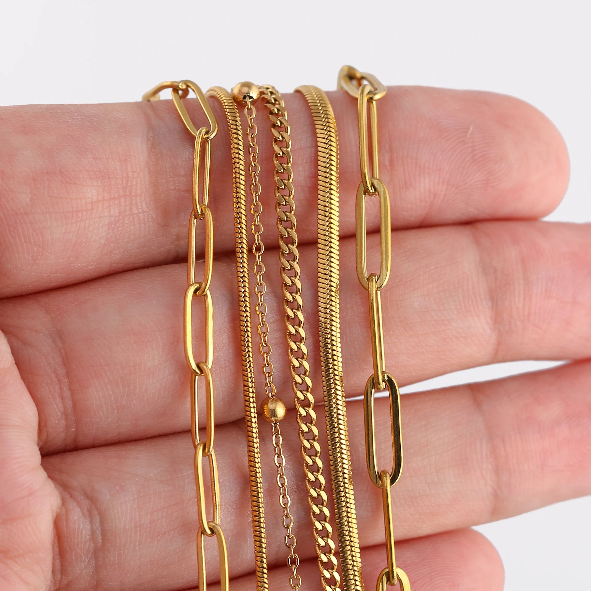 5‑Piece Stainless Steel Chain Necklace Set – Bead, Rope, Cuban, Paperclip & Snake Link Chains for Women, 18K Gold & Steel DIY Jewelry