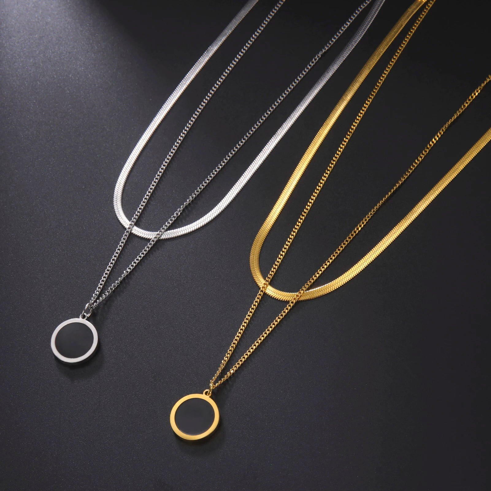 Multilayer Snake Chain Necklace for Women – Stainless Steel Round Disc Pendant (Gold & Steel)