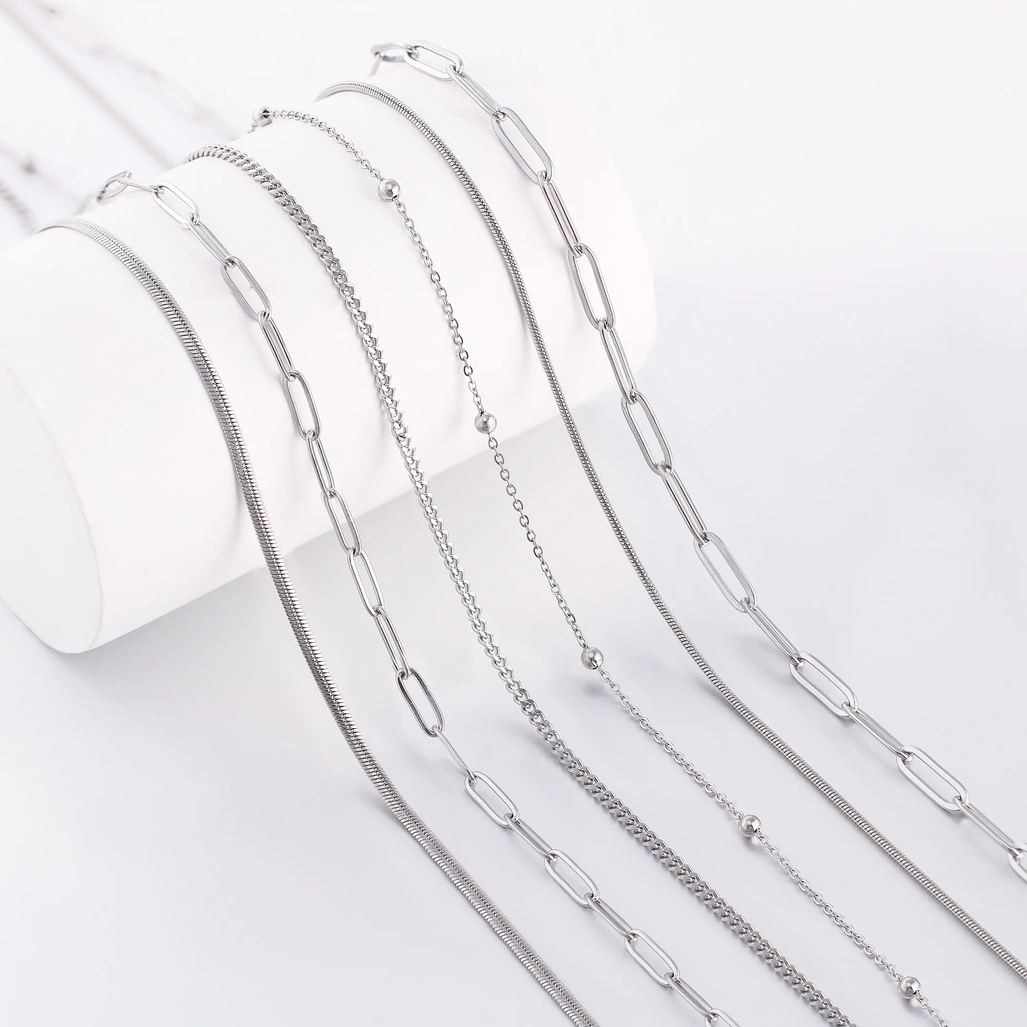5‑Piece Stainless Steel Chain Necklace Set – Bead, Rope, Cuban, Paperclip & Snake Link Chains for Women, 18K Gold & Steel DIY Jewelry