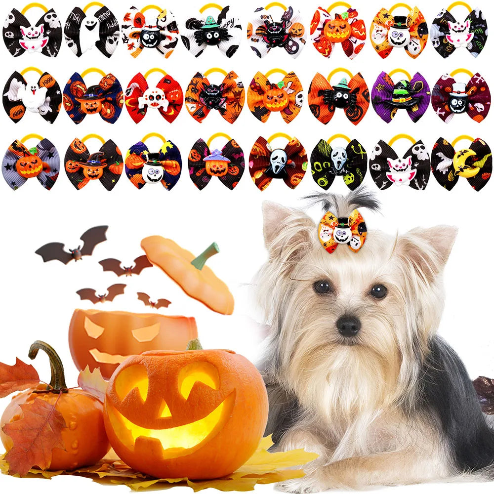 10/20PCS Halloween Pet Dog Hair Bows | Pumpkin Print Rubber Band Bowknots for Small Dogs & Cats