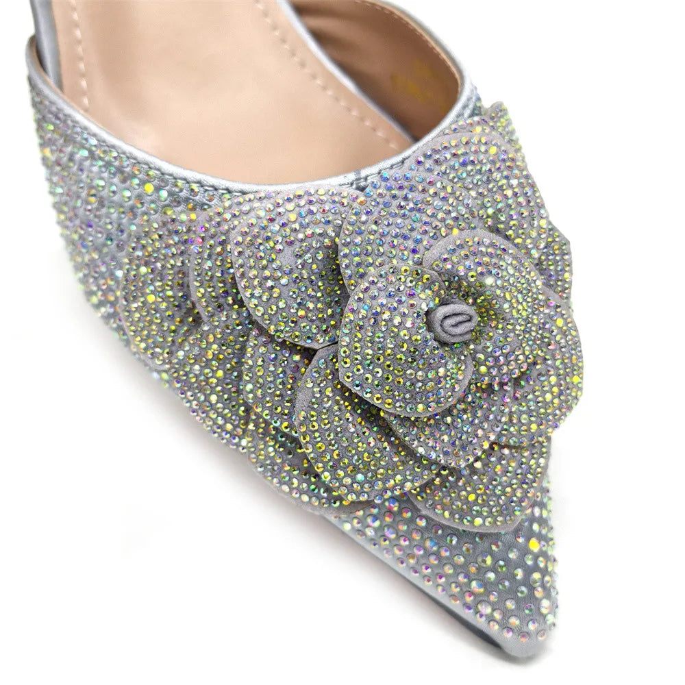 Women’s Peach Rhinestone Shoe & Bag Set – Elegant Slingback Pumps with Pearls Knot