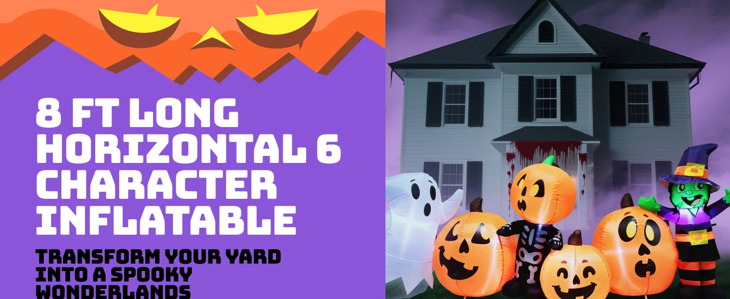 8 ft Halloween Inflatable Witch Ghost Skeleton & Pumpkin Patch | LED Outdoor Yard Decoration