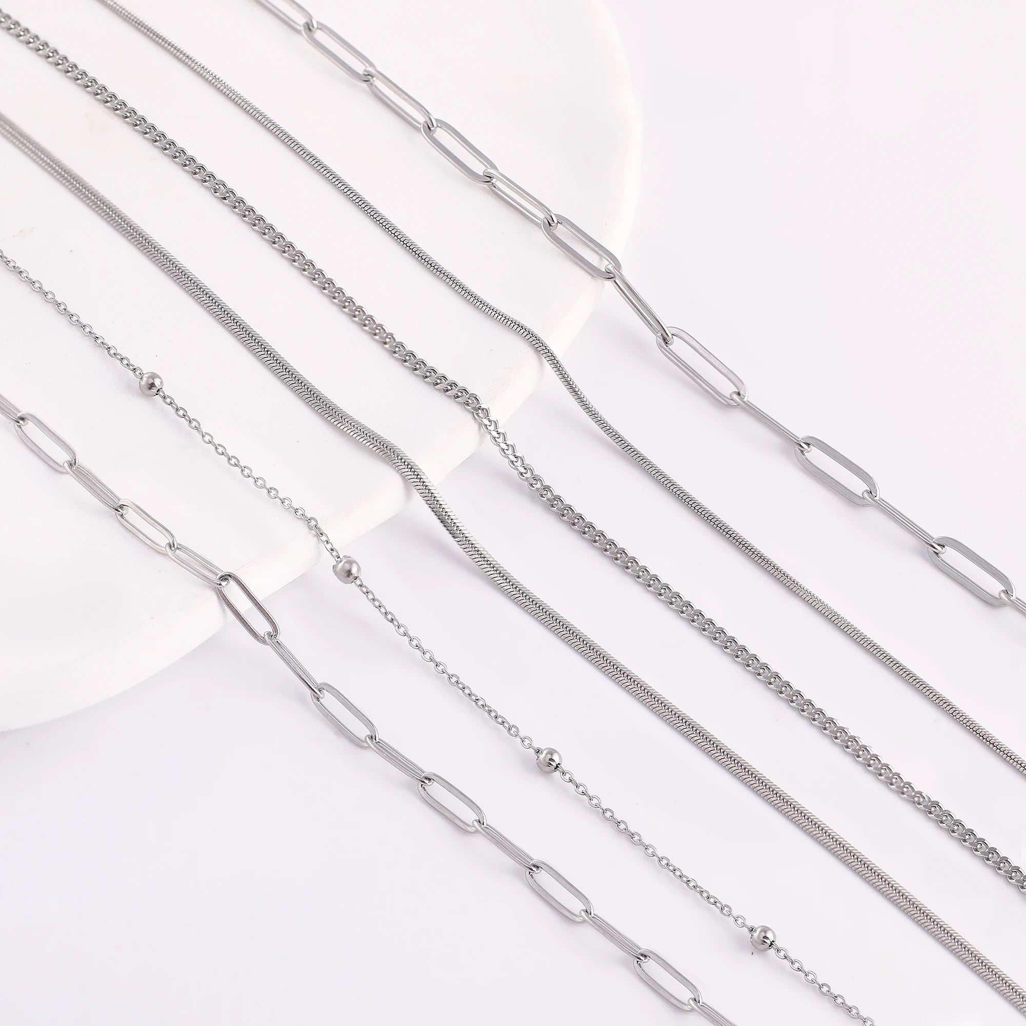 5‑Piece Stainless Steel Chain Necklace Set – Bead, Rope, Cuban, Paperclip & Snake Link Chains for Women, 18K Gold & Steel DIY Jewelry