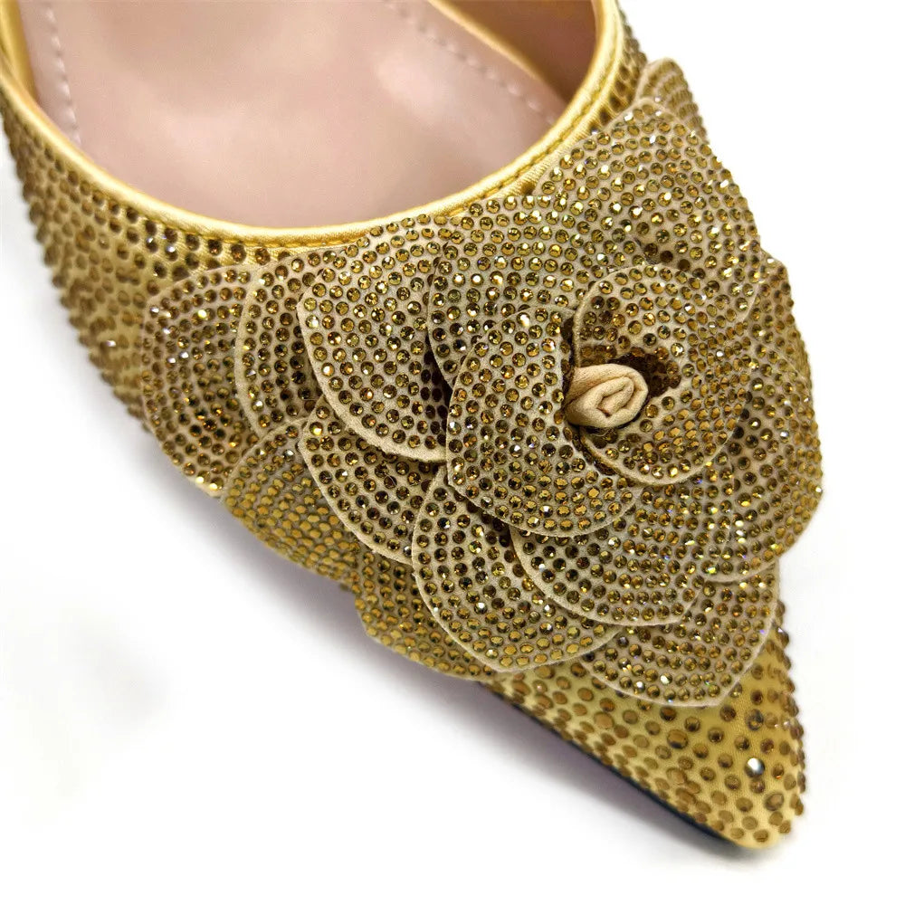 Women’s Peach Rhinestone Shoe & Bag Set – Elegant Slingback Pumps with Pearls Knot