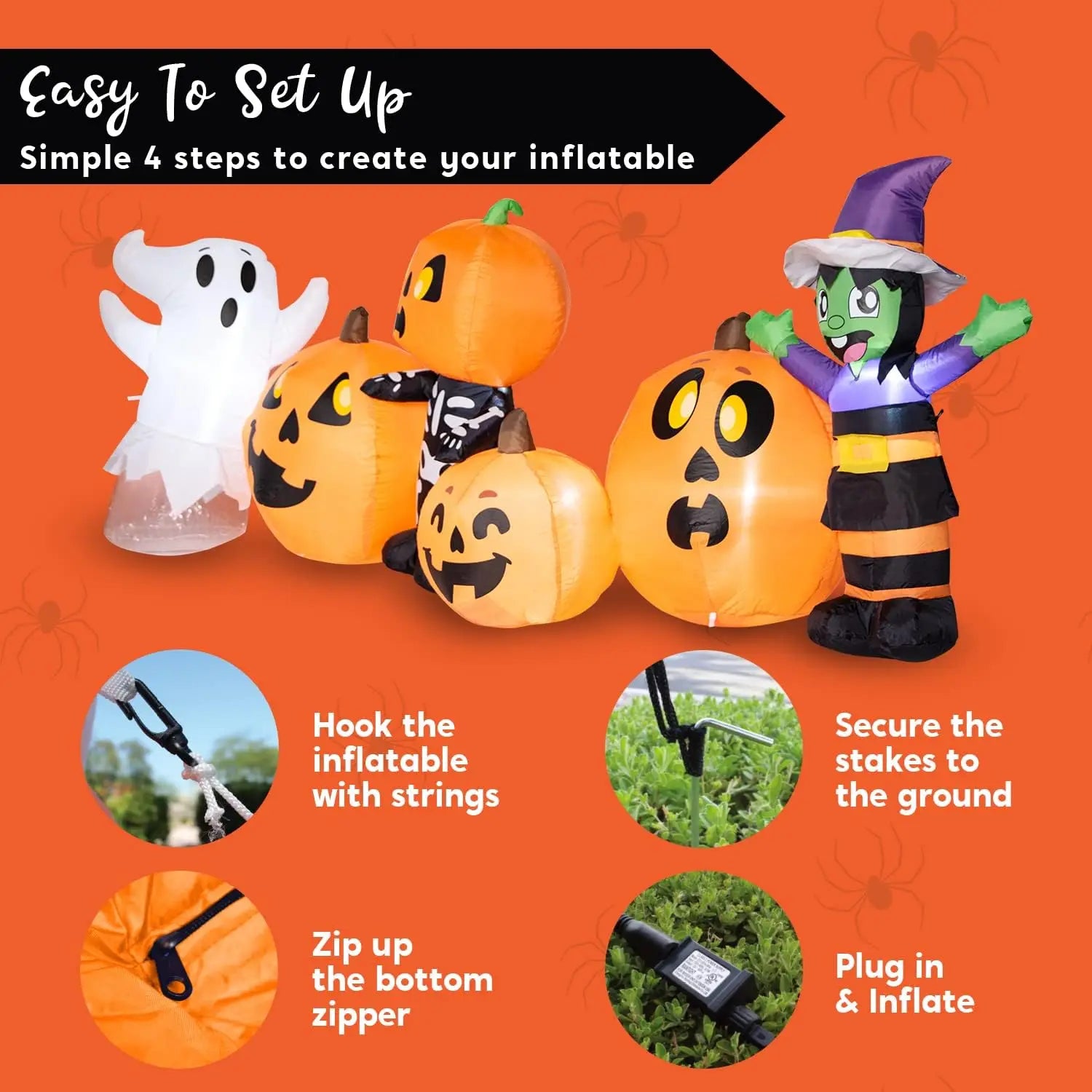8 ft Halloween Inflatable Witch Ghost Skeleton & Pumpkin Patch | LED Outdoor Yard Decoration