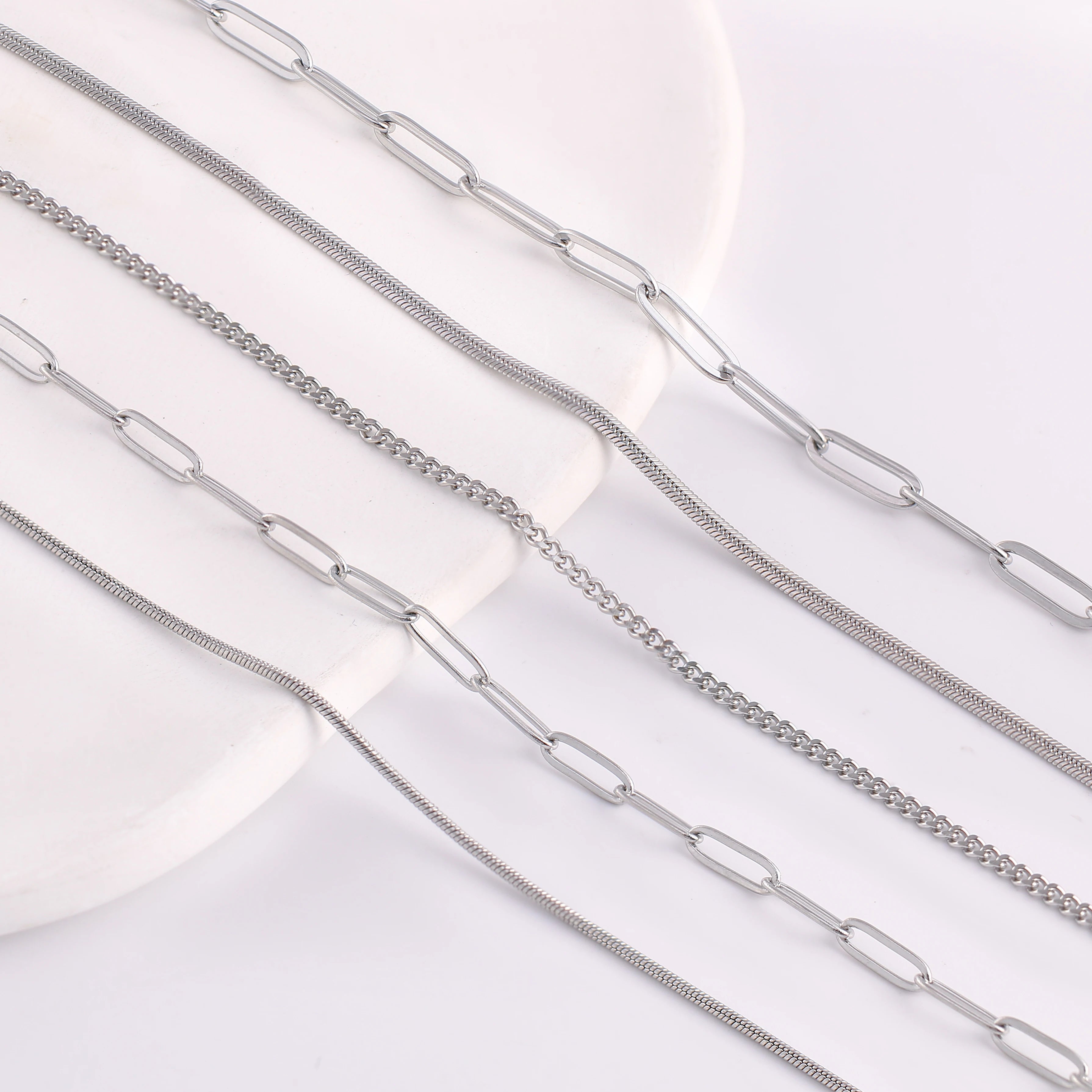 5‑Piece Stainless Steel Chain Necklace Set – Bead, Rope, Cuban, Paperclip & Snake Link Chains for Women, 18K Gold & Steel DIY Jewelry