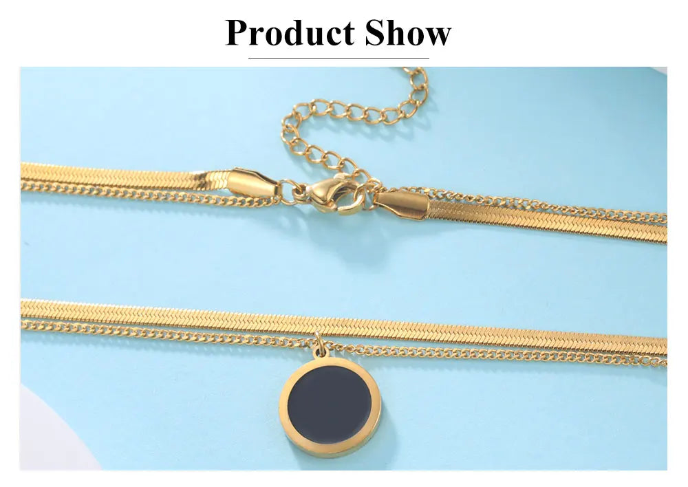 Multilayer Snake Chain Necklace for Women – Stainless Steel Round Disc Pendant (Gold & Steel)