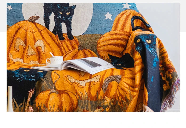 Halloween Pumpkin Cat Tassel Throw Blanket