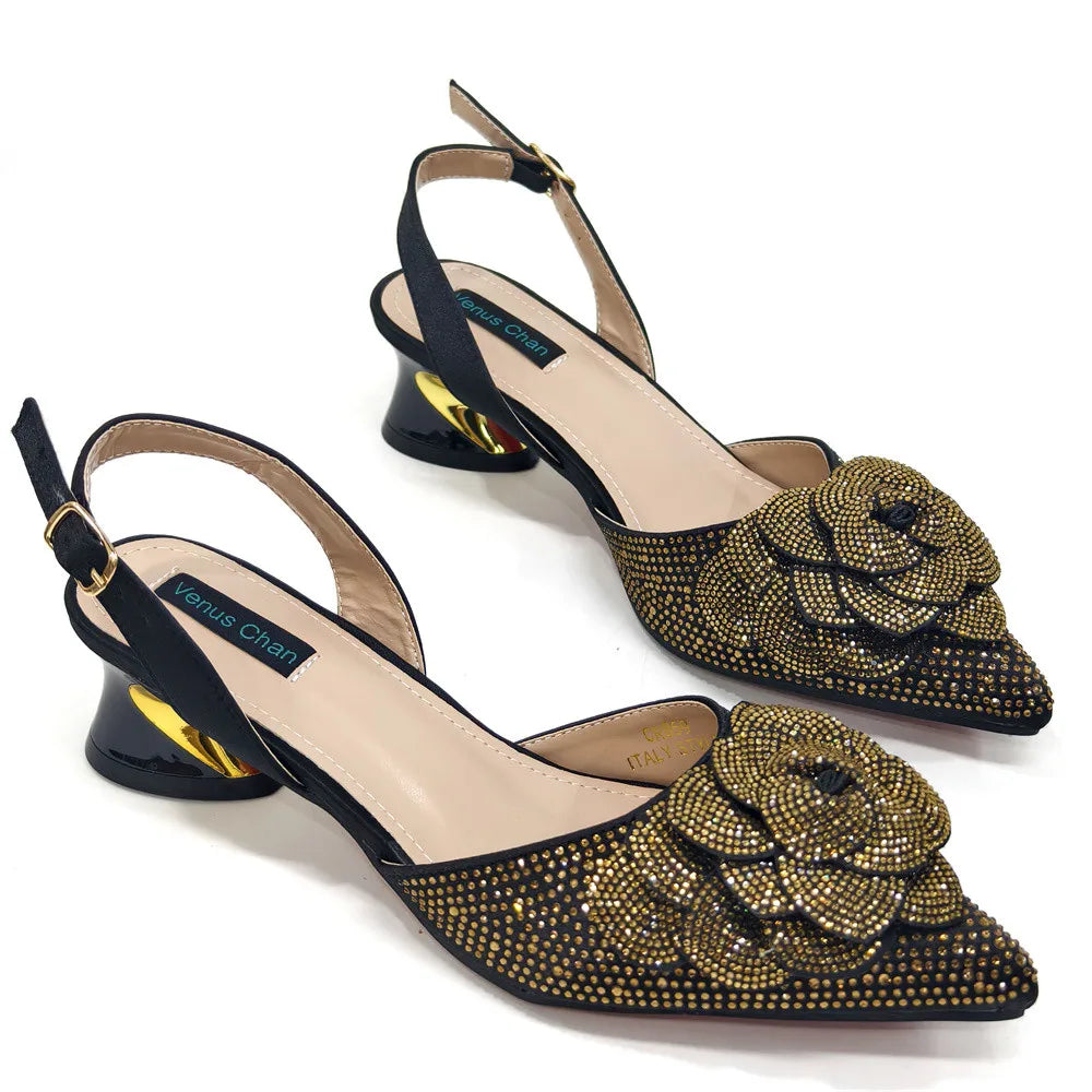 Women’s Peach Rhinestone Shoe & Bag Set – Elegant Slingback Pumps with Pearls Knot