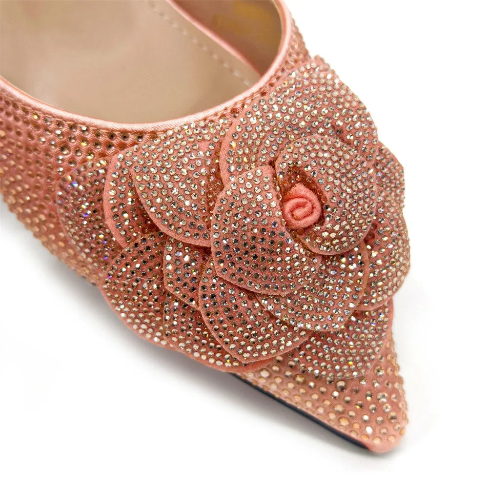 Women’s Peach Rhinestone Shoe & Bag Set – Elegant Slingback Pumps with Pearls Knot