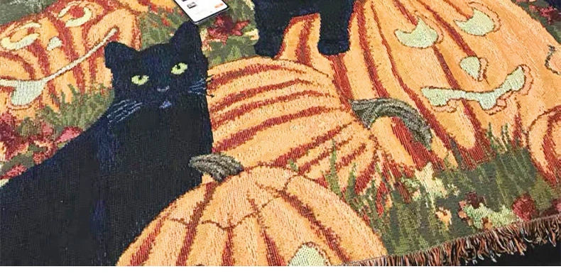 Halloween Pumpkin Cat Tassel Throw Blanket
