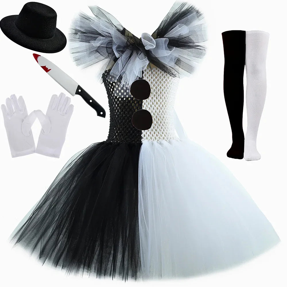Terrifier Art the Clown Girl Costume | Black & White Tutu Dress | Kids Halloween Carnival Outfit