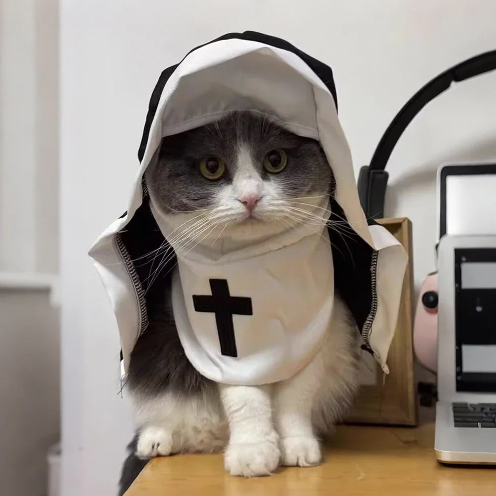 Funny Halloween Cat & Dog Nun Costume | Jesus Cross Cosplay Outfit for Small, Medium & Large Pets