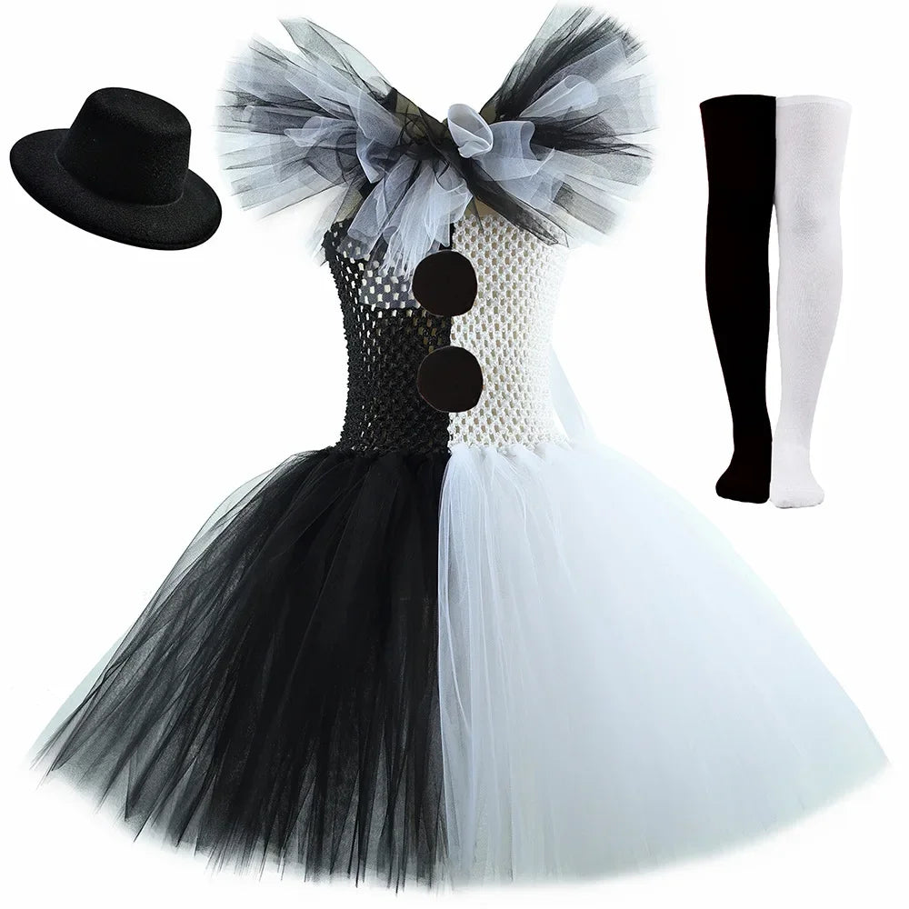 Terrifier Art the Clown Girl Costume | Black & White Tutu Dress | Kids Halloween Carnival Outfit