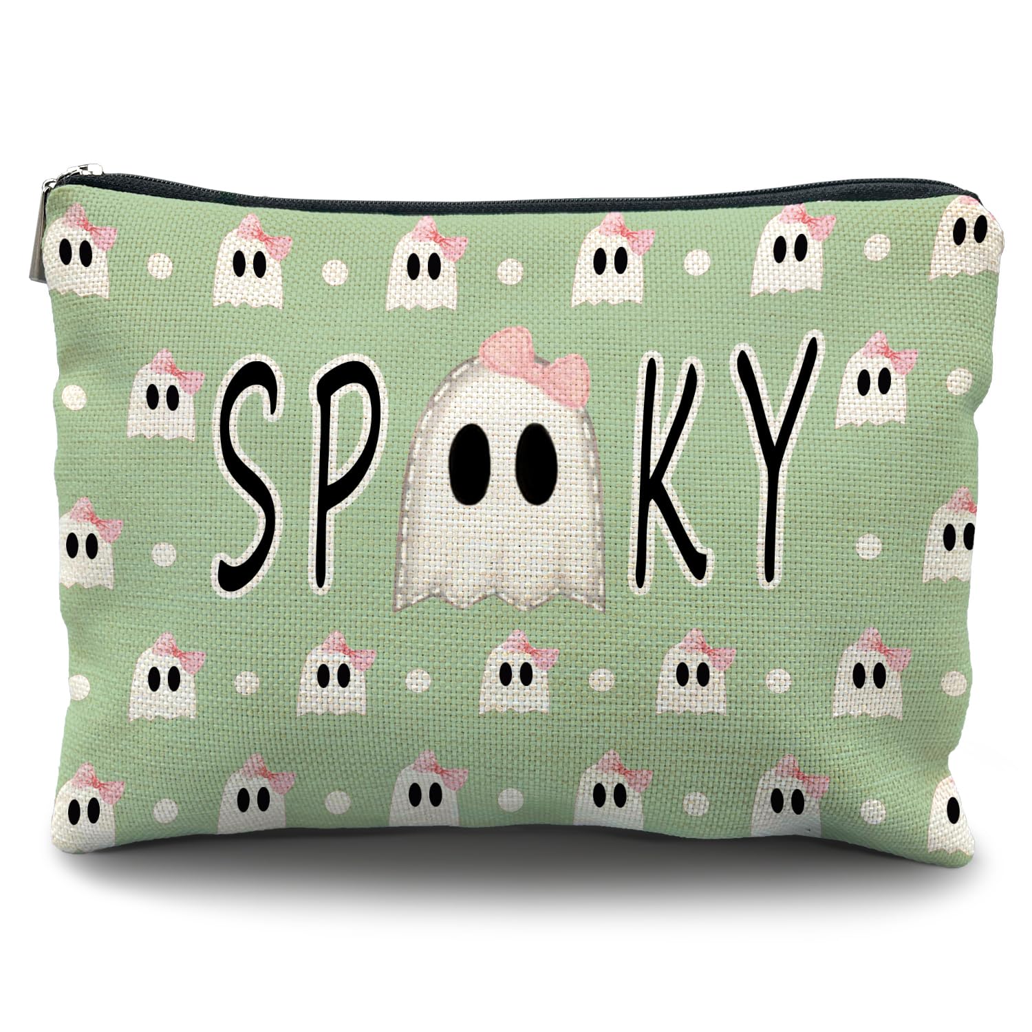 Halloween Makeup Bag – Flax Cosmetic Bag with Green or Pink Bow | Spooky Gift for Women
