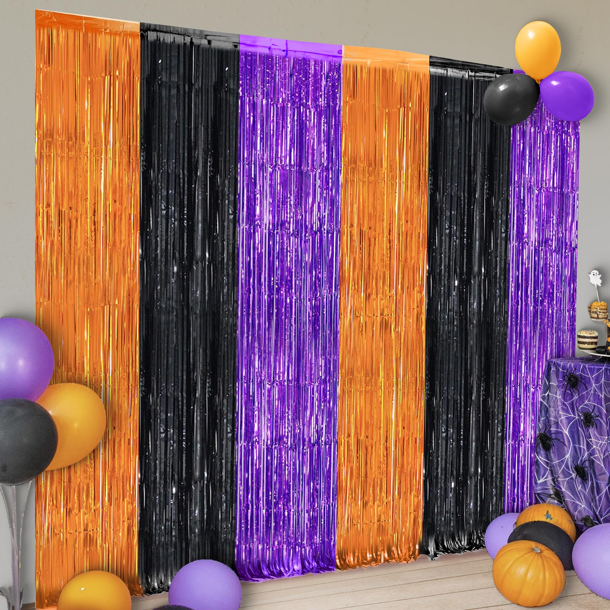 XtraLarge Orange, Black & Purple Foil Fringe Curtain – 3.2×6.5 ft Pack of 2 | Halloween Streamers & Party Backdrop Decorations