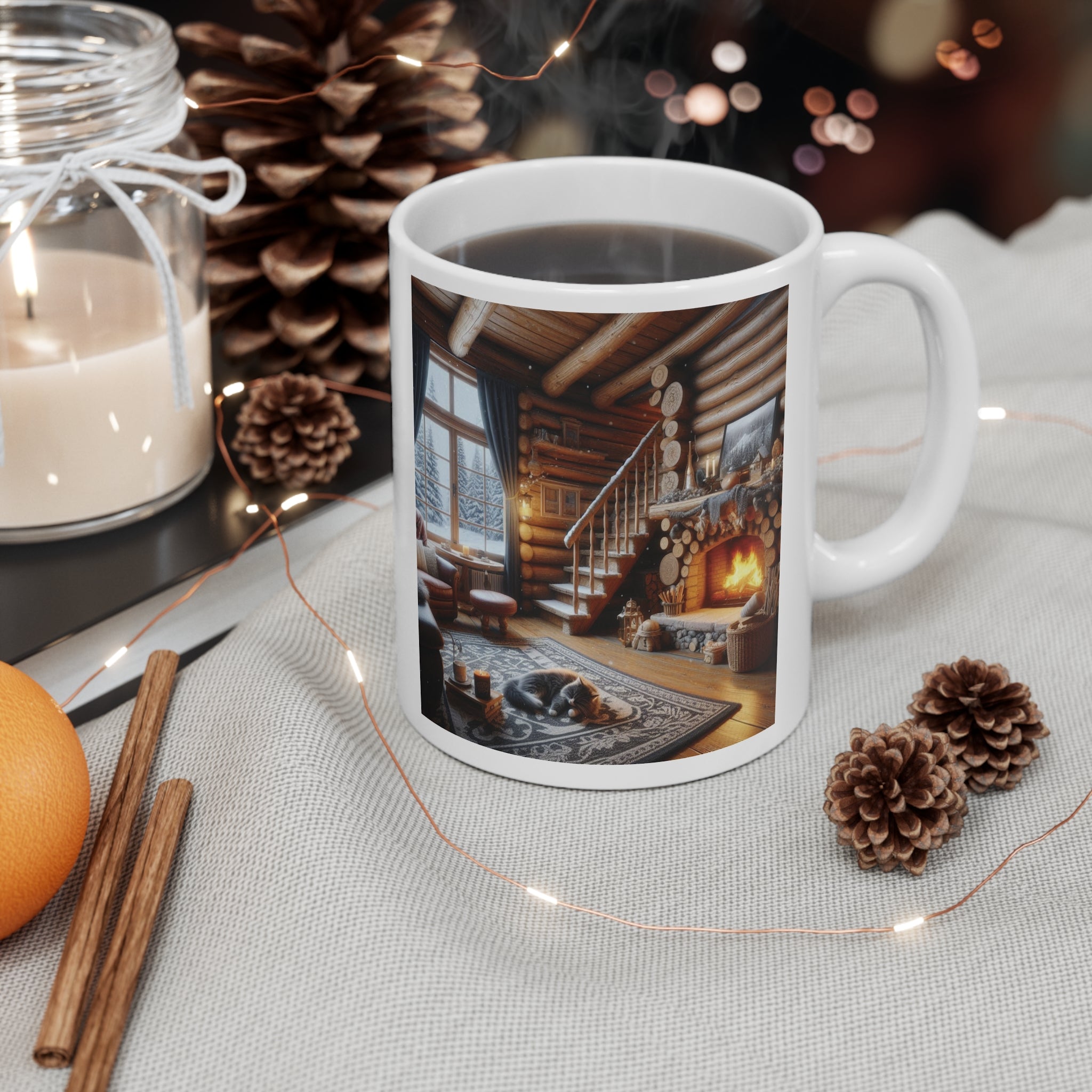 White Ceramic Log Cabin Mug, 11oz