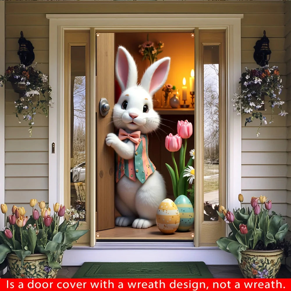 2D Easter Door Casing Banner – Cute Bunny, Easter Egg & Flower Printed Door Frame Decoration for Spring Parties & Holiday Events