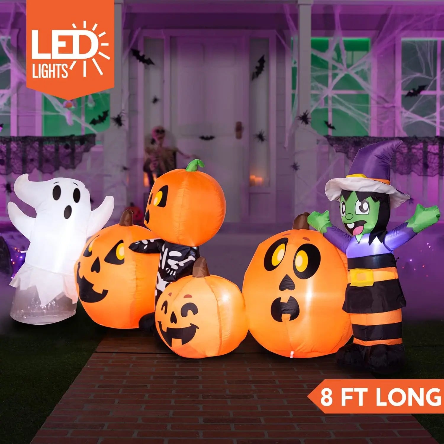 8 ft Halloween Inflatable Witch Ghost Skeleton & Pumpkin Patch | LED Outdoor Yard Decoration