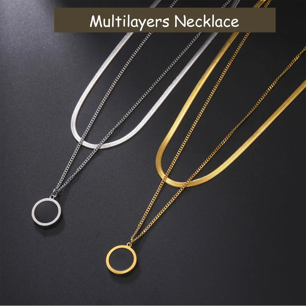 Multilayer Snake Chain Necklace for Women – Stainless Steel Round Disc Pendant (Gold & Steel)