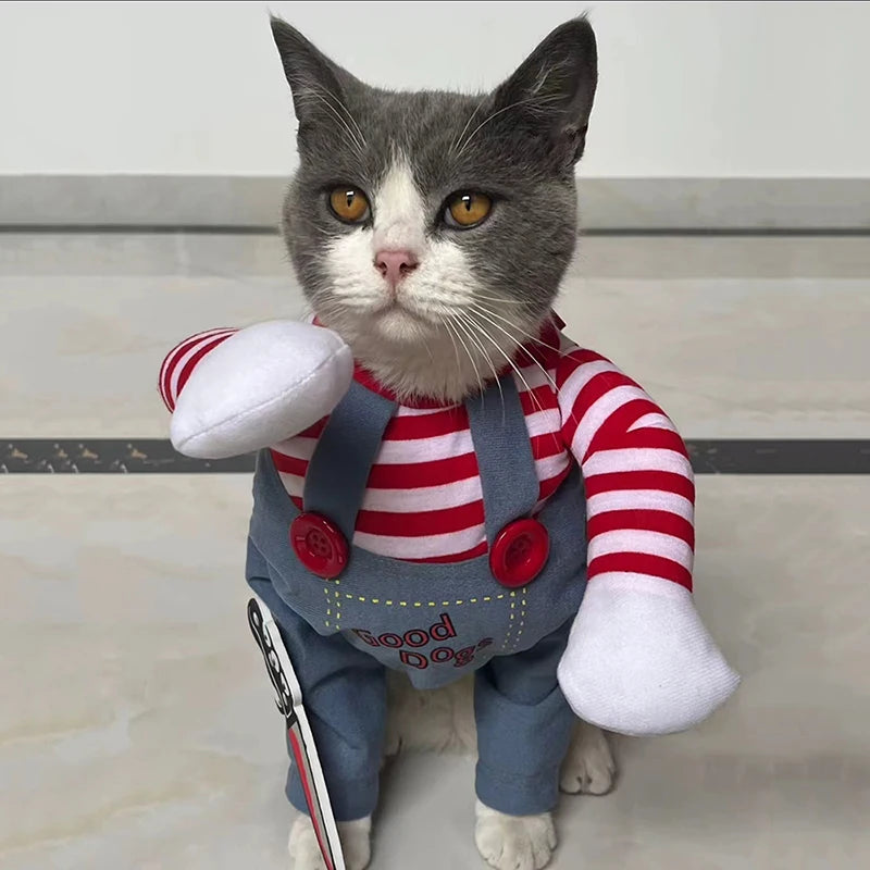 Funny Cat Halloween Costume | Pet Cosplay Jumpsuit for Small & Medium Dogs | Soft Warm Kitten Outfit with Foam Knife