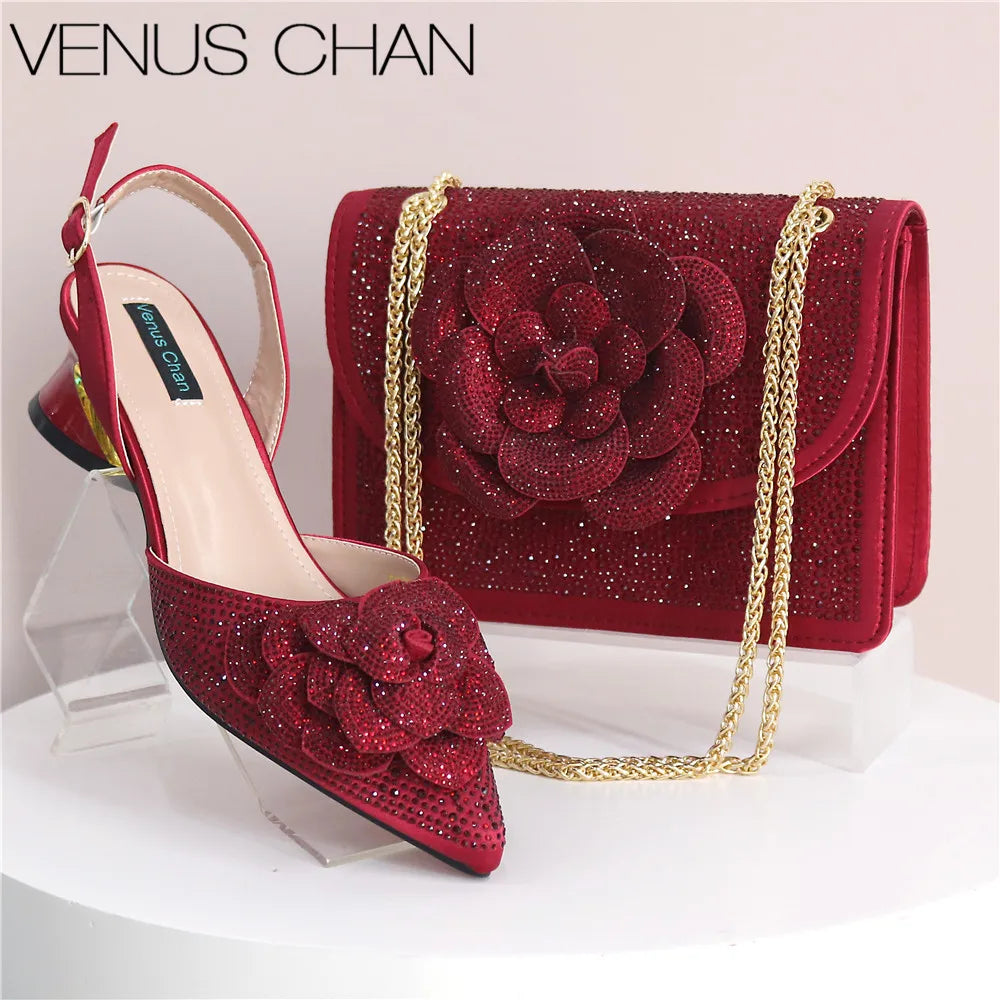 Women’s Peach Rhinestone Shoe & Bag Set – Elegant Slingback Pumps with Pearls Knot