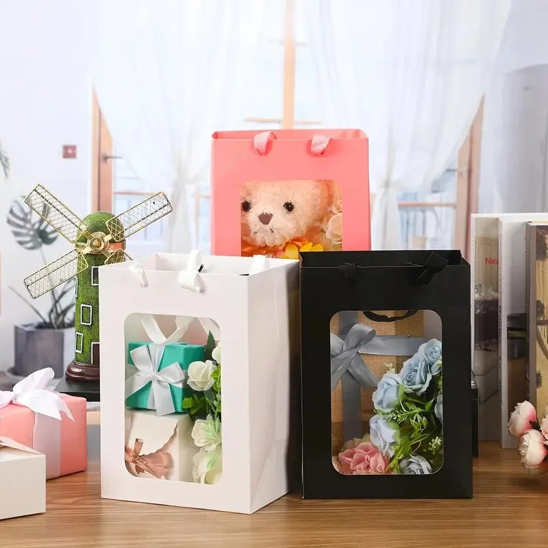 5/10pcs Transparent Window Gift Bags – White & Black Paperboard Packaging Boxes for Weddings, Birthdays, Parties, Baking & Takeout