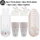 Easter Bunny Disposable Tableware Set – Cute Cartoon Rabbit Paper Plates, Cups & Napkins for Kids Birthday, Easter Parties & Spring Celebrations