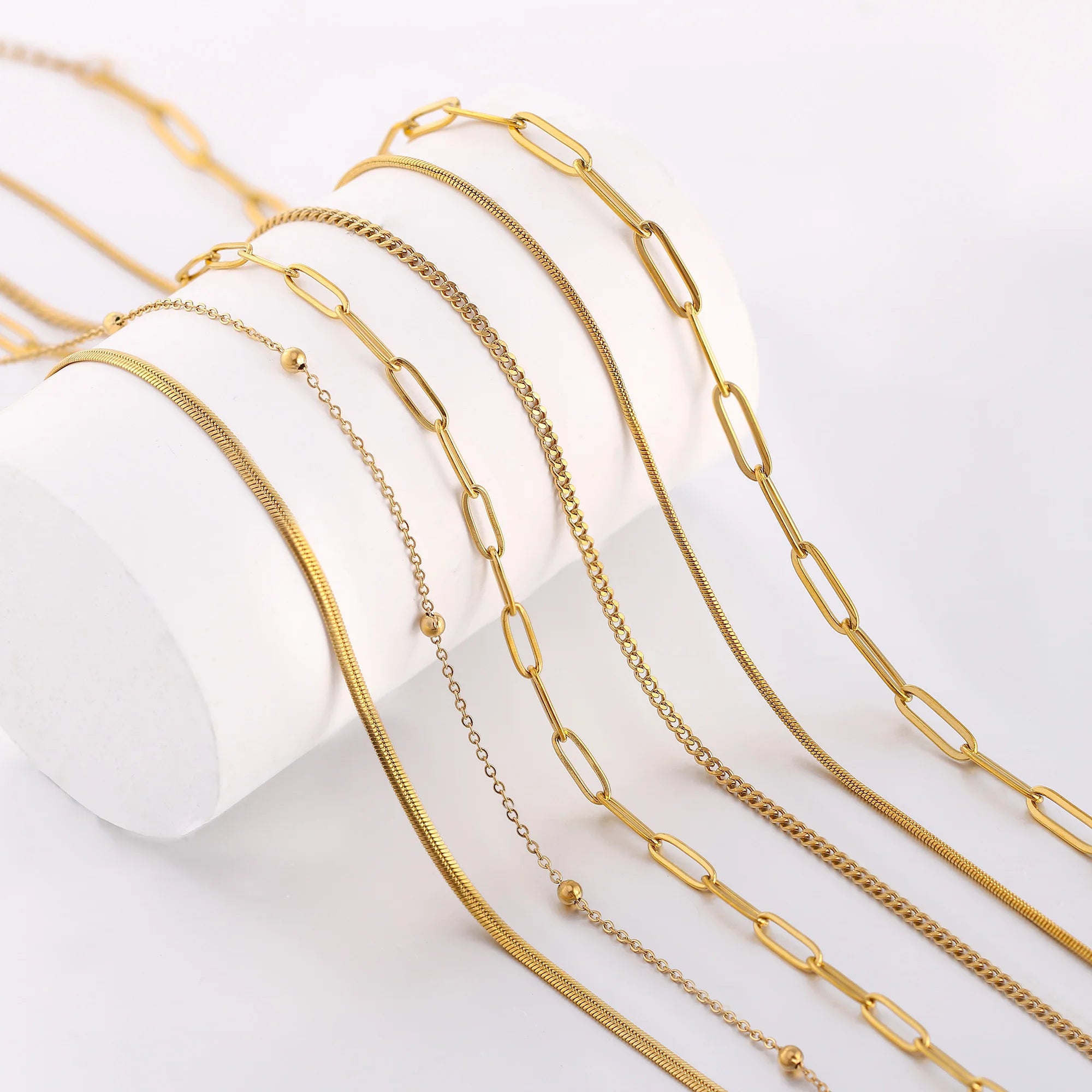 5‑Piece Stainless Steel Chain Necklace Set – Bead, Rope, Cuban, Paperclip & Snake Link Chains for Women, 18K Gold & Steel DIY Jewelry