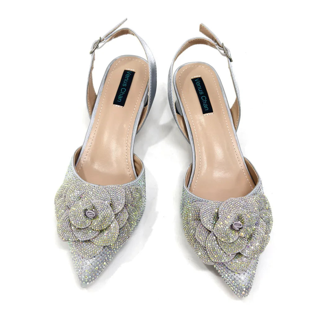 Women’s Peach Rhinestone Shoe & Bag Set – Elegant Slingback Pumps with Pearls Knot
