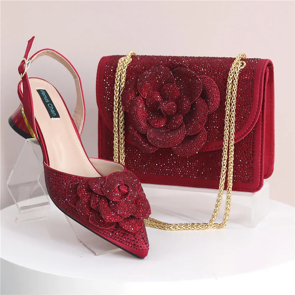 Women’s Peach Rhinestone Shoe & Bag Set – Elegant Slingback Pumps with Pearls Knot