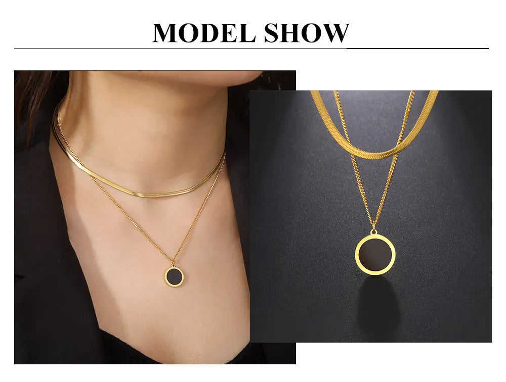 Multilayer Snake Chain Necklace for Women – Stainless Steel Round Disc Pendant (Gold & Steel)