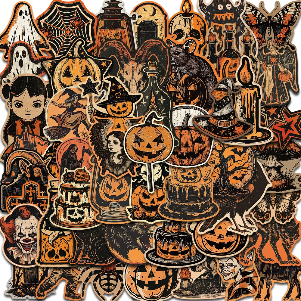 50/100PCS Retro Halloween Stickers | Terrifying Pumpkin Graffiti Pack for Luggage, Phone, Laptop & DIY Crafts
