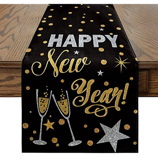 New Years Table Runner - Black and Gold Happy New Year Linen