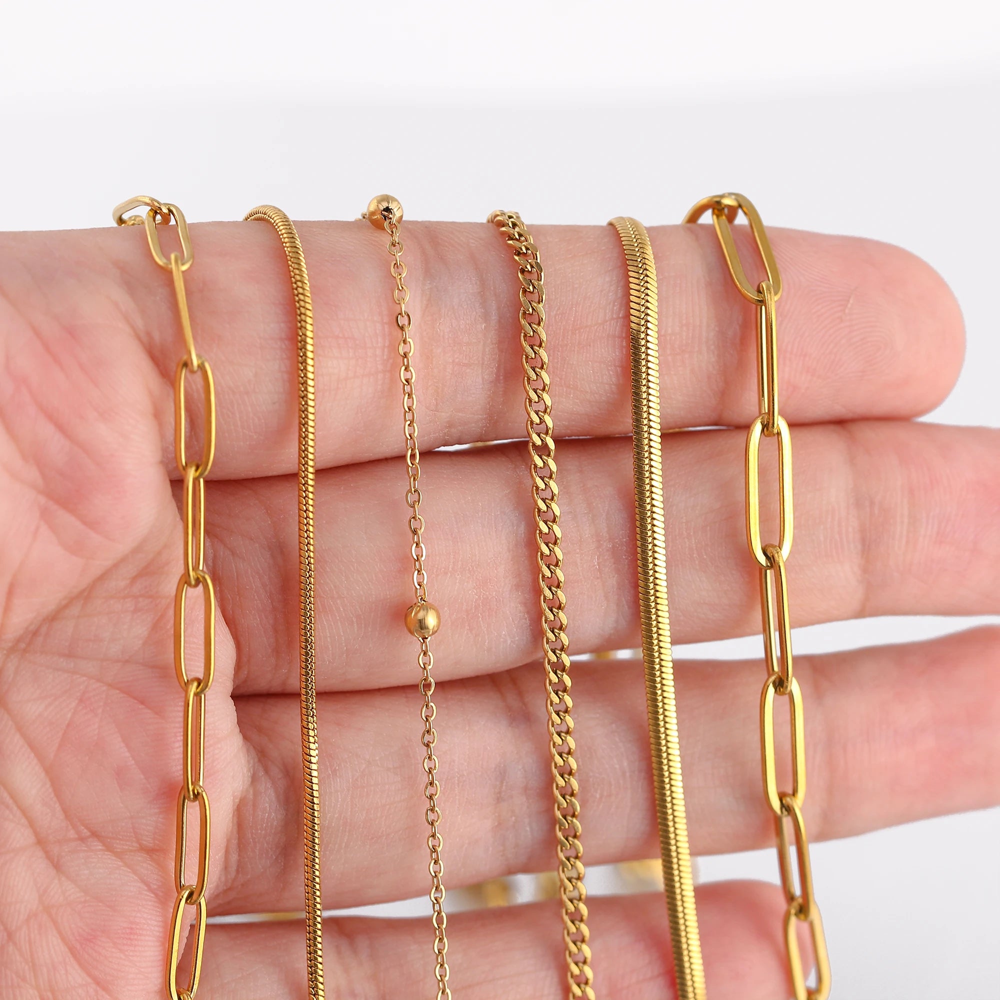 5‑Piece Stainless Steel Chain Necklace Set – Bead, Rope, Cuban, Paperclip & Snake Link Chains for Women, 18K Gold & Steel DIY Jewelry