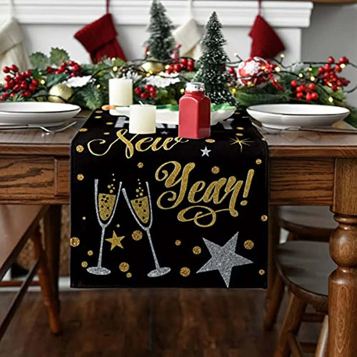New Years Table Runner - Black and Gold Happy New Year Linen