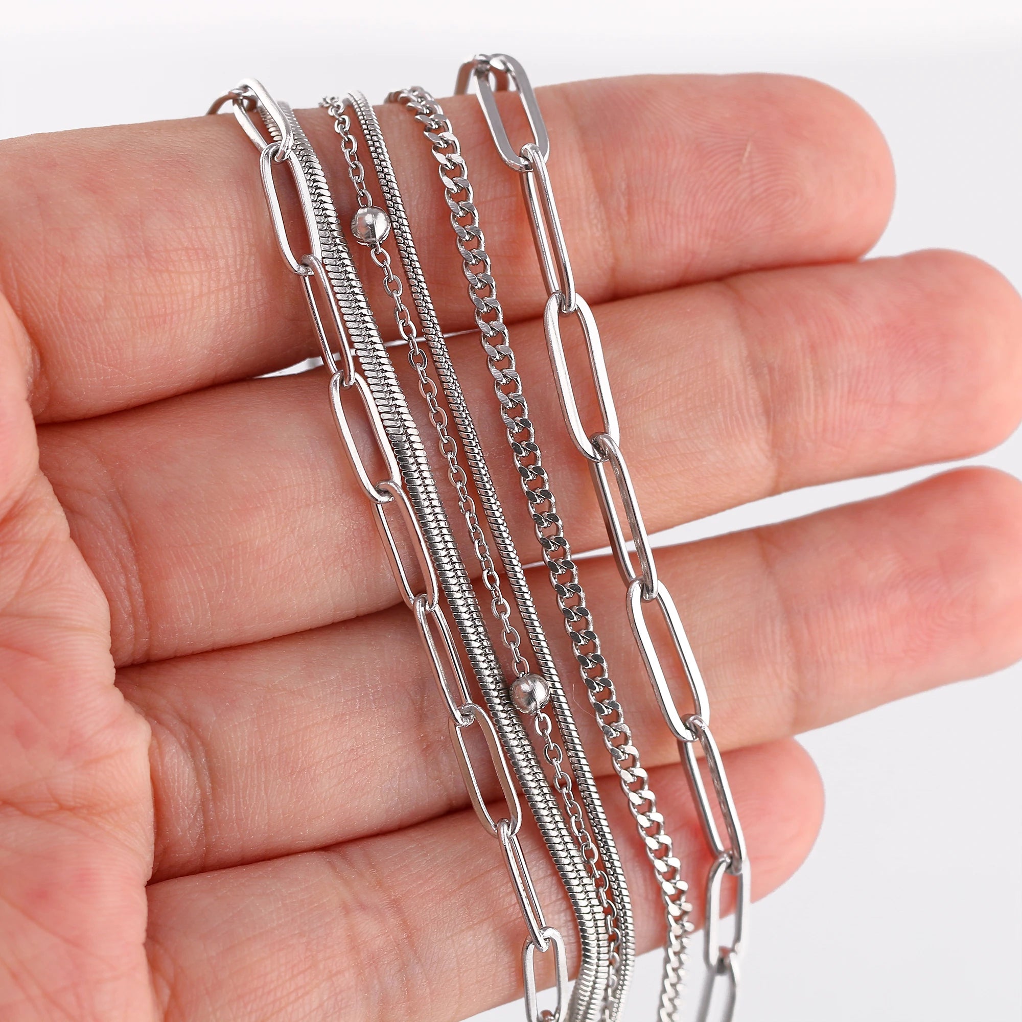 5‑Piece Stainless Steel Chain Necklace Set – Bead, Rope, Cuban, Paperclip & Snake Link Chains for Women, 18K Gold & Steel DIY Jewelry