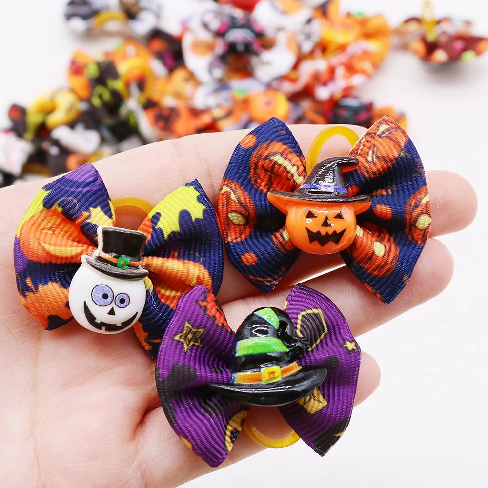 10/20PCS Halloween Pet Dog Hair Bows | Pumpkin Print Rubber Band Bowknots for Small Dogs & Cats