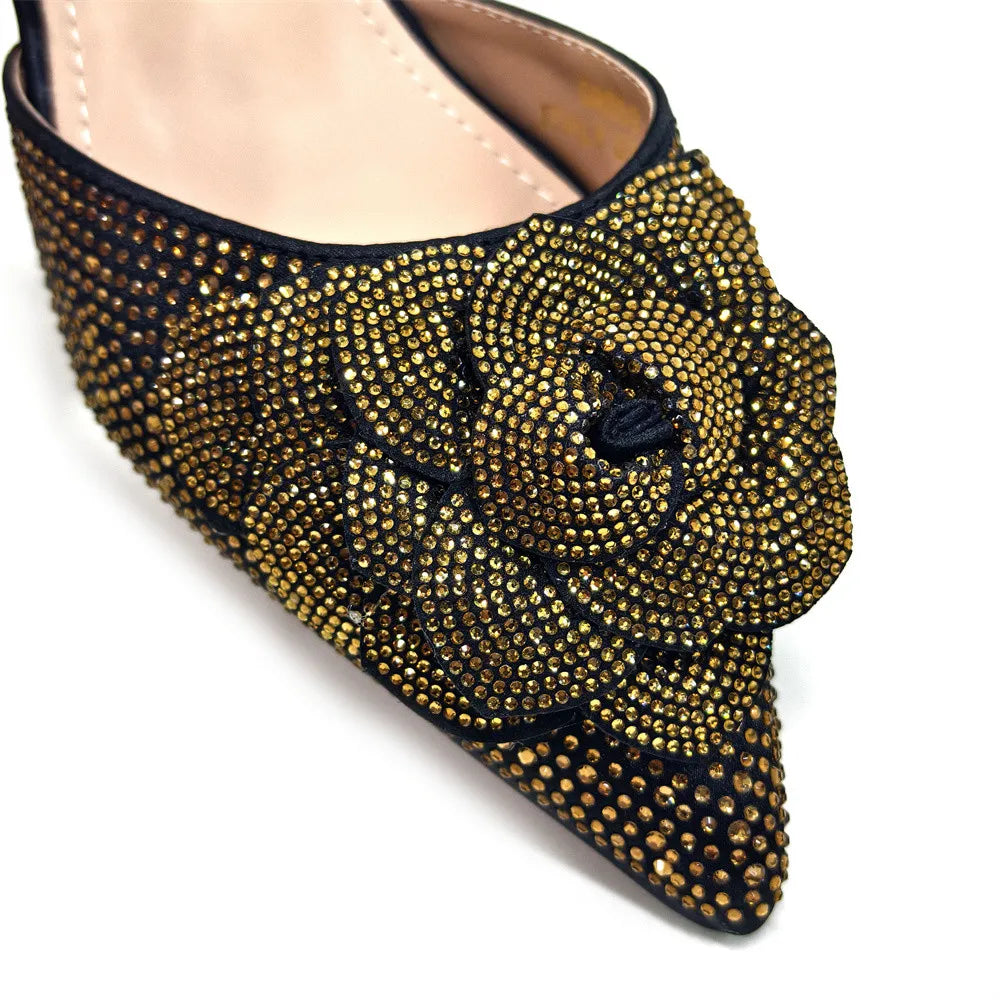 Women’s Peach Rhinestone Shoe & Bag Set – Elegant Slingback Pumps with Pearls Knot
