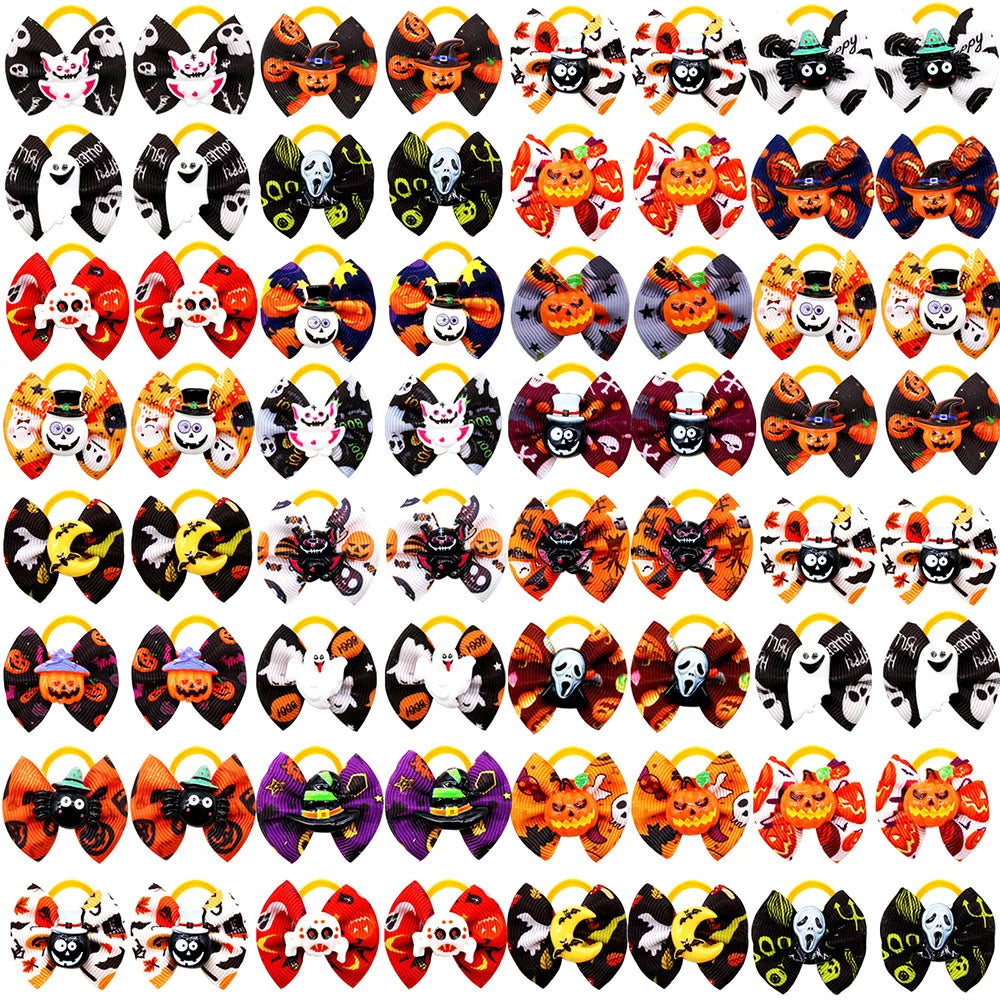 10/20PCS Halloween Pet Dog Hair Bows | Pumpkin Print Rubber Band Bowknots for Small Dogs & Cats