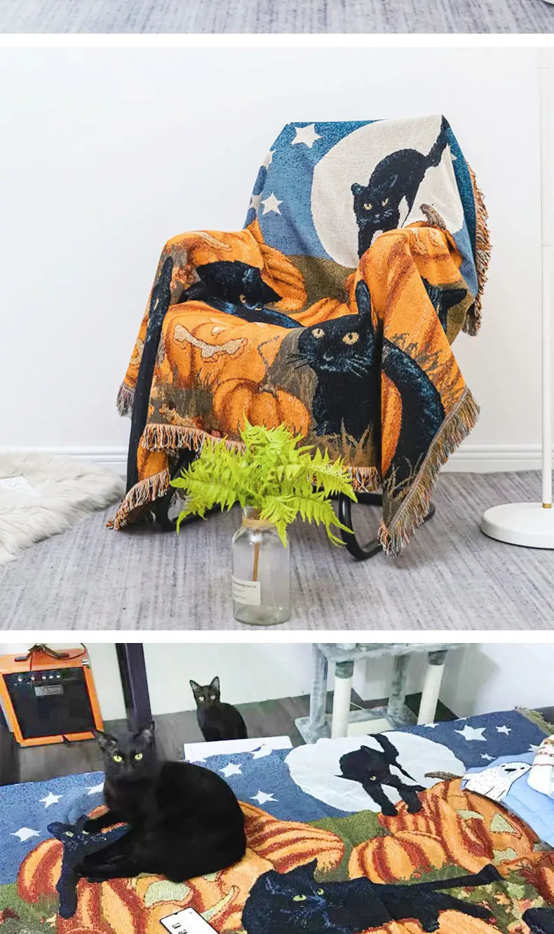 Halloween Pumpkin Cat Tassel Throw Blanket