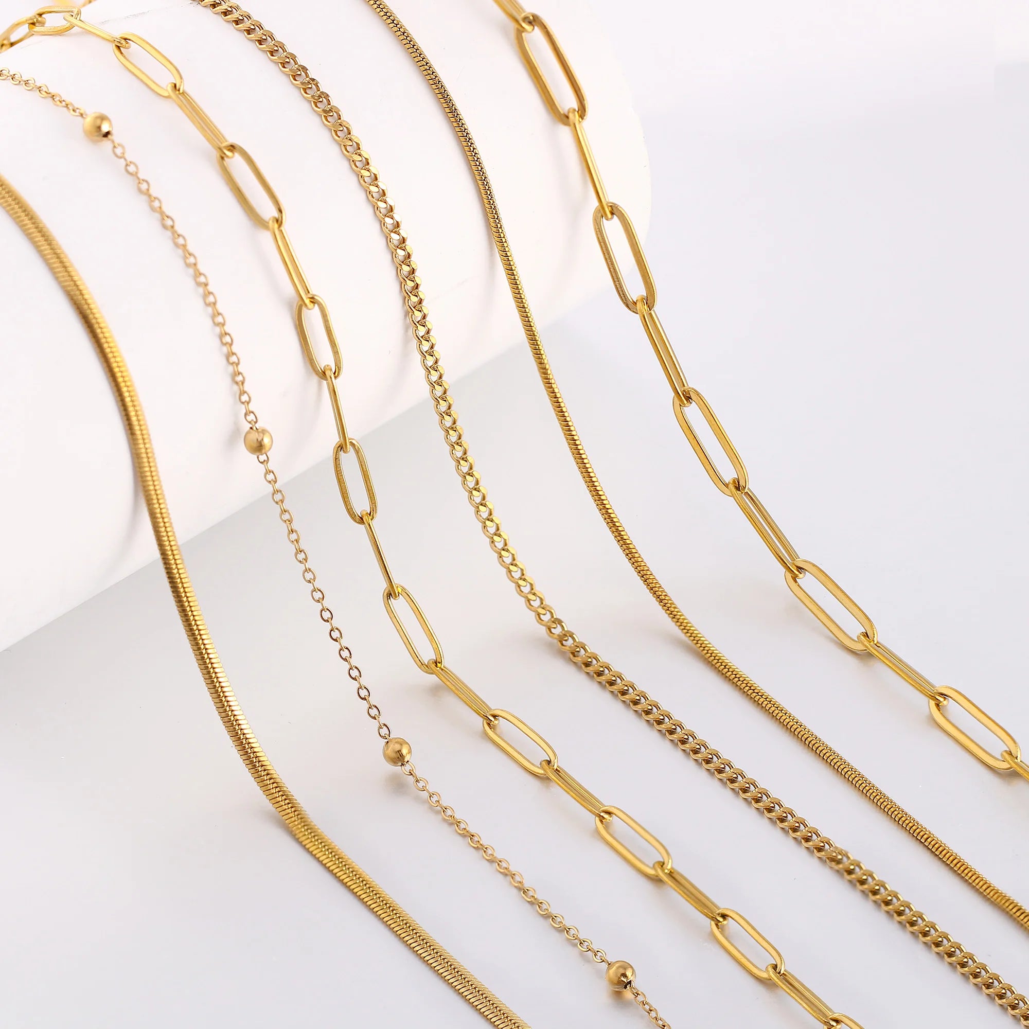 5‑Piece Stainless Steel Chain Necklace Set – Bead, Rope, Cuban, Paperclip & Snake Link Chains for Women, 18K Gold & Steel DIY Jewelry