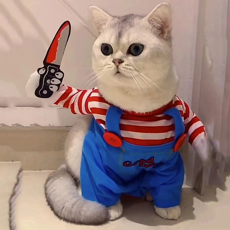 Funny Cat Halloween Costume | Pet Cosplay Jumpsuit for Small & Medium Dogs | Soft Warm Kitten Outfit with Foam Knife