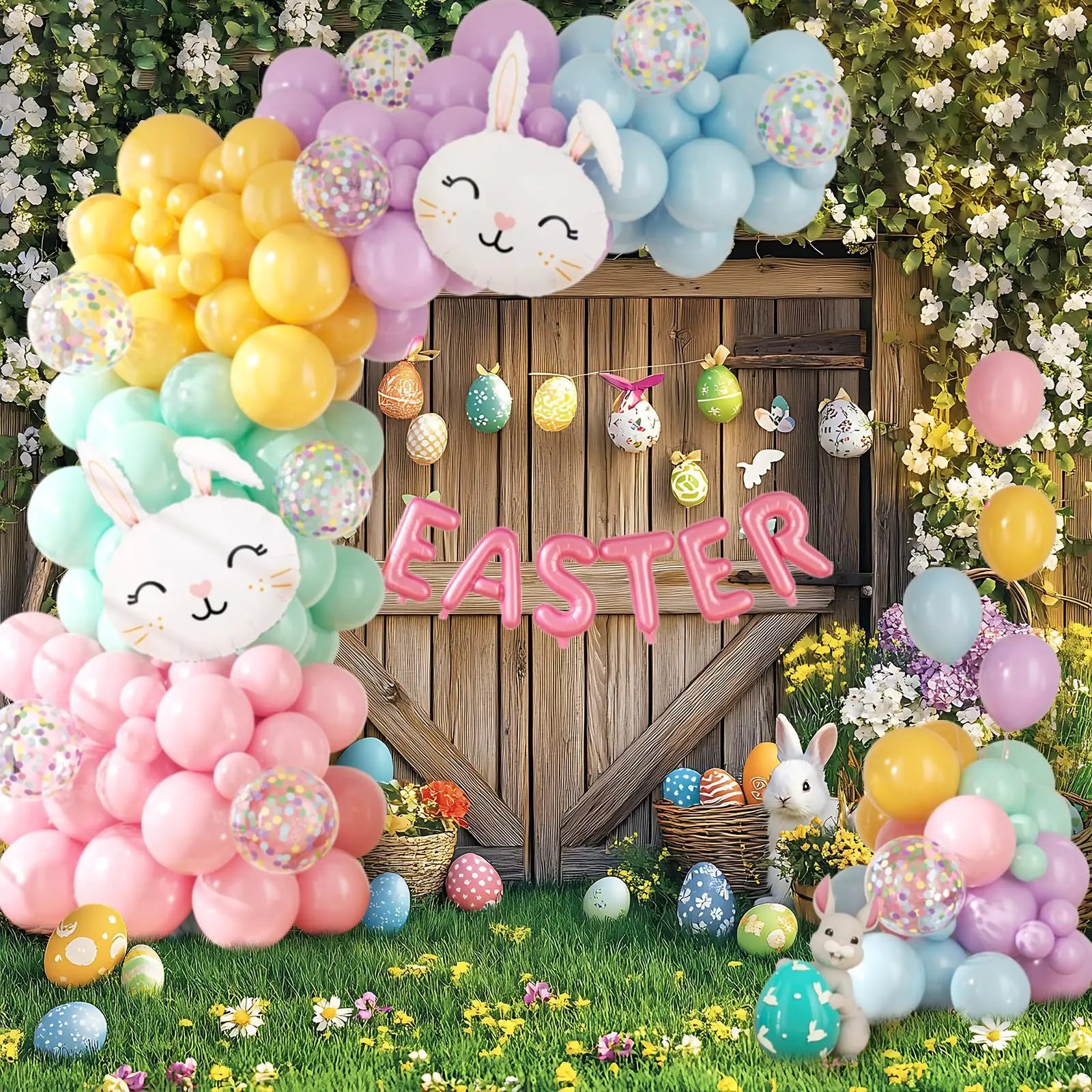 Easter Balloon Garland Arch Kit – Happy Easter Bunny Pastel Rainbow Balloons for Egg Hunt, Baby Shower & Spring Birthday Party Decorations (120 PCS)