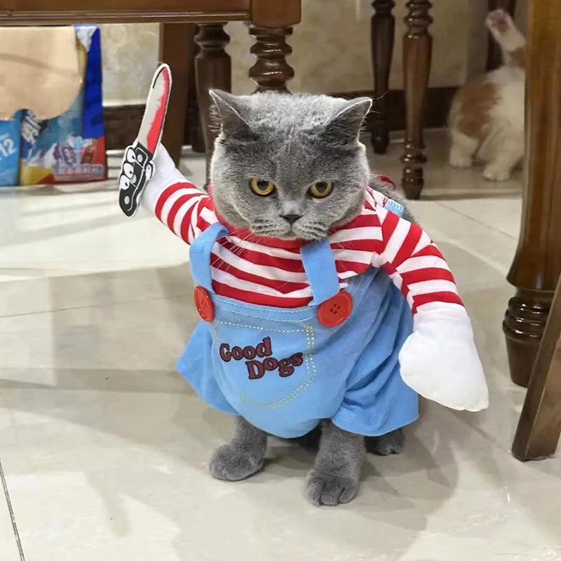 Funny Cat Halloween Costume | Pet Cosplay Jumpsuit for Small & Medium Dogs | Soft Warm Kitten Outfit with Foam Knife