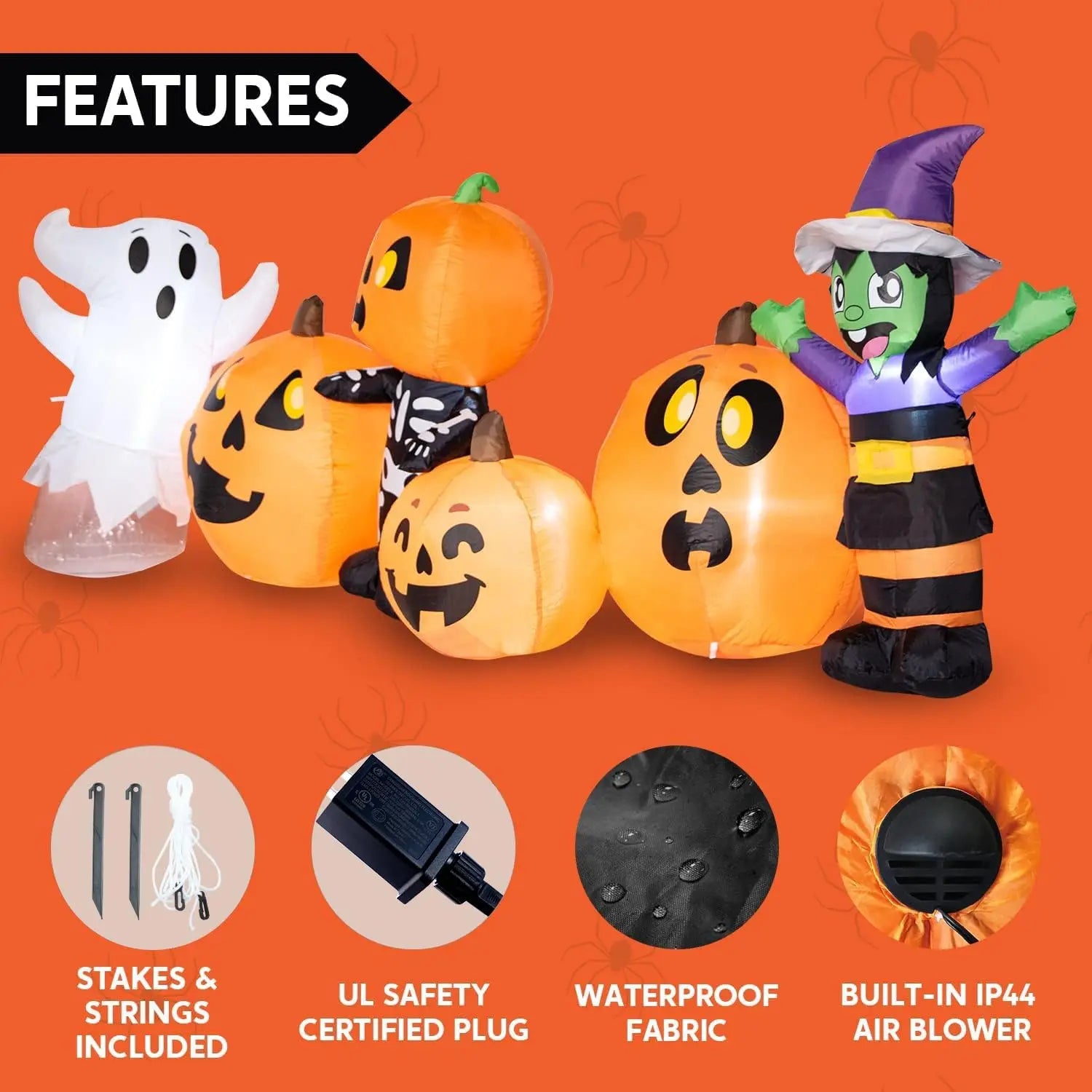8 ft Halloween Inflatable Witch Ghost Skeleton & Pumpkin Patch | LED Outdoor Yard Decoration