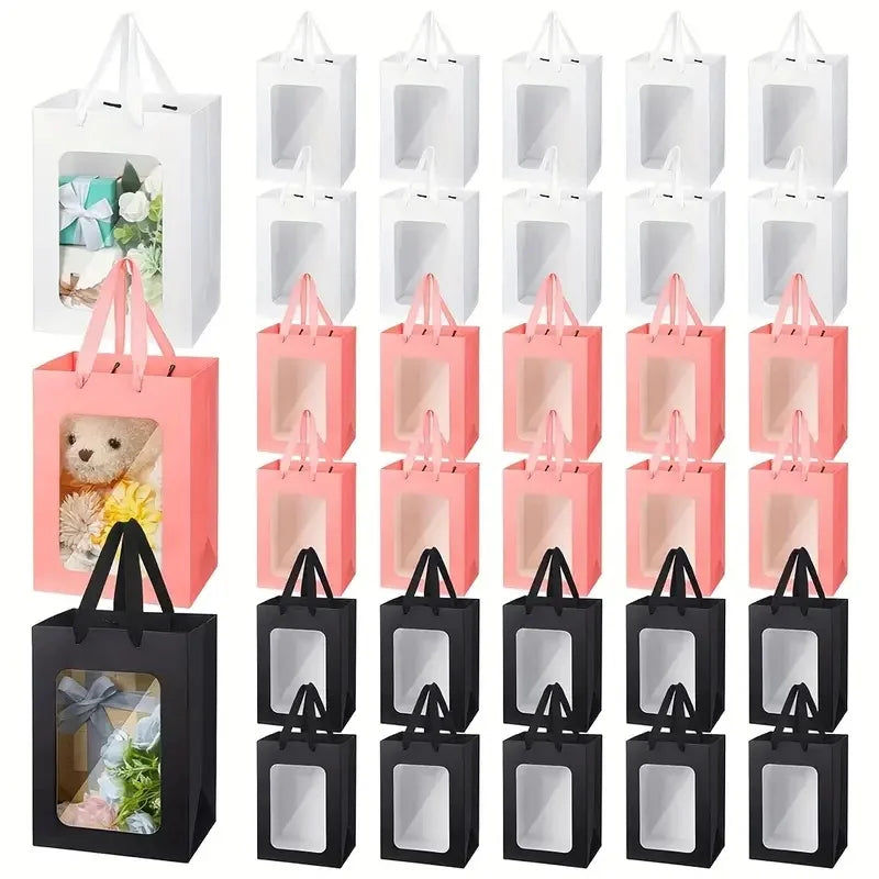 5/10pcs Transparent Window Gift Bags – White & Black Paperboard Packaging Boxes for Weddings, Birthdays, Parties, Baking & Takeout